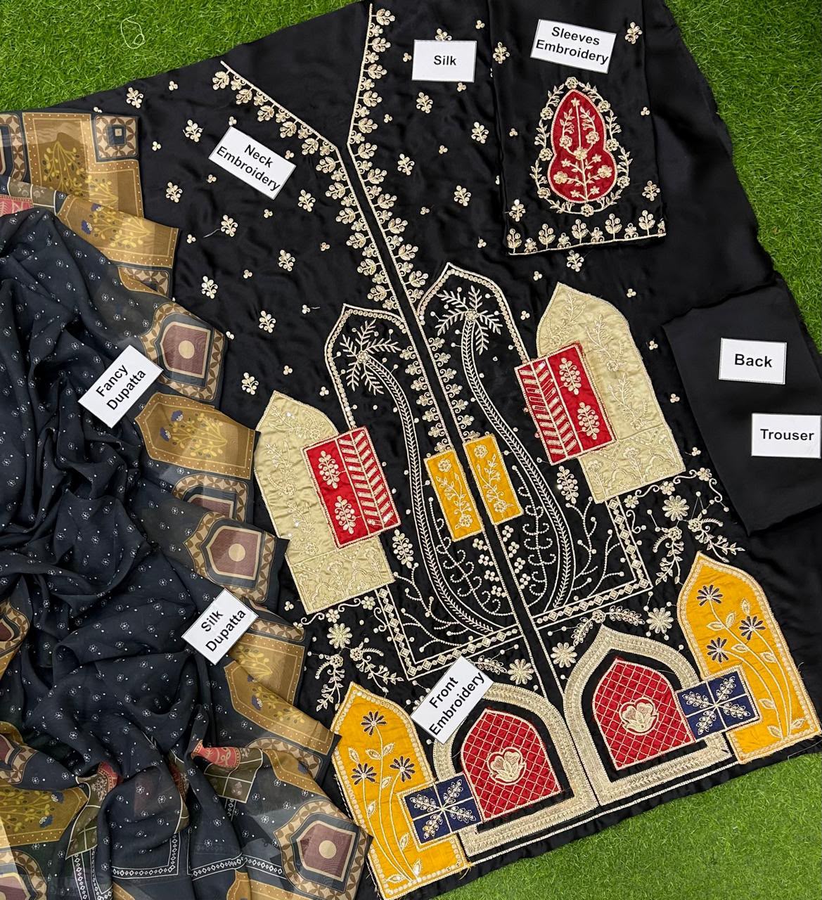 Black Embroidered Silk 3-Piece
